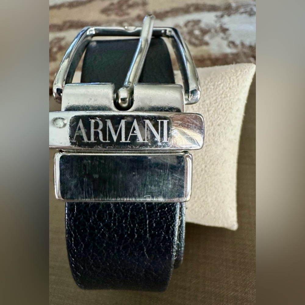 Giorgio Armani Black Leather Belt with Silver Buckle